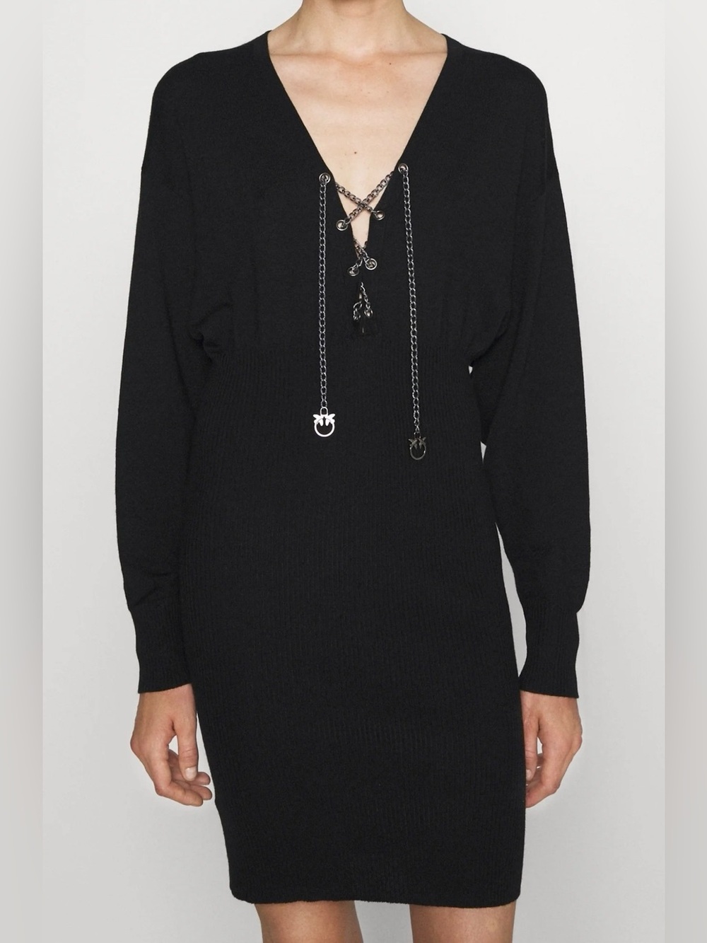 Pinko Black V-Neck Chain-Detail Knit Dress